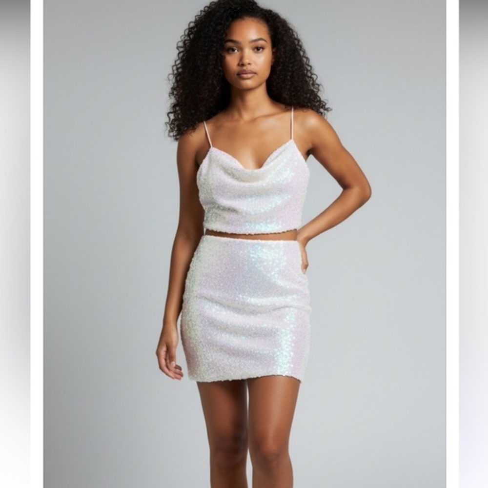 B. Smart  White Sequin Sparkly Mermaid-core Mini Skirt & Crop Top set